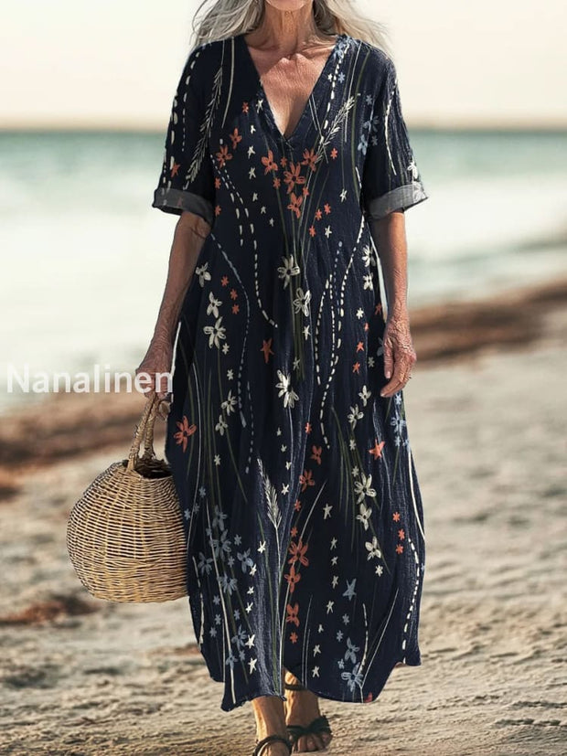 Retro Floral Art Printed V-Neck Vintage Loose Long Sleeves Midi Dress A / S