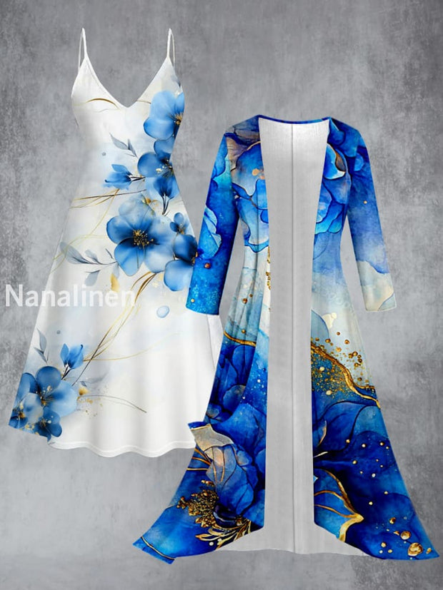 Retro Floral Art Printed Vintage Camisole Dress Long Sleeve Two-Piece Midi Dress A / S