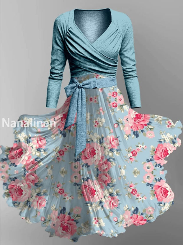 Retro Floral Art Printed Vintage Cross Fold Long Sleeve Two-Piece Midi Dress A / S