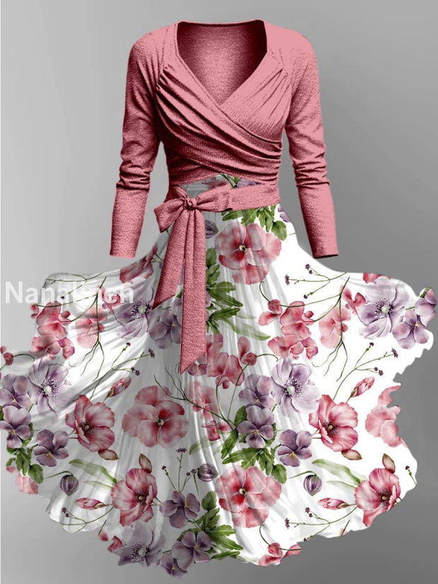 Retro Floral Art Printed Vintage Cross Fold Long Sleeve Two-Piece Midi Dress A / S