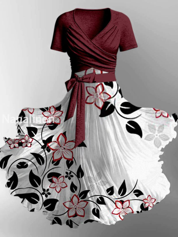 Retro Floral Art Printed Vintage Cross Fold Short Sleeve Two-Piece Midi Dress A / S