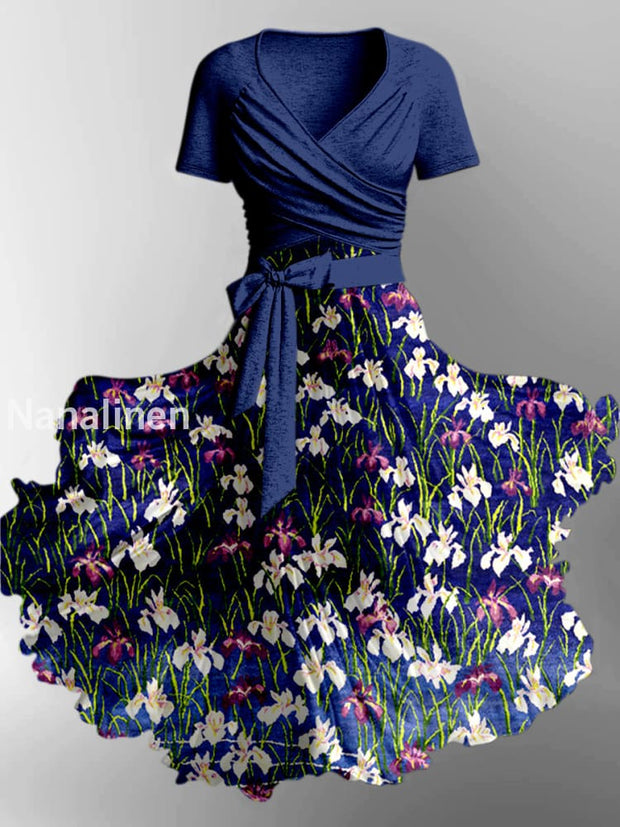 Retro Floral Art Printed Vintage Cross Fold Short Sleeve Two-Piece Midi Dress A / S