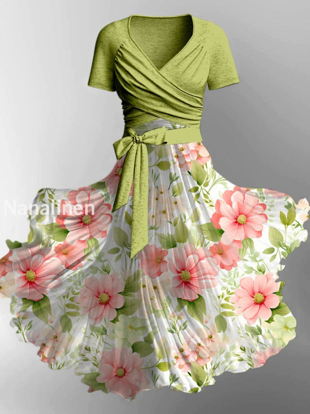 Retro Floral Art Printed Vintage Cross Fold Short Sleeve Two-Piece Midi Dress A / S