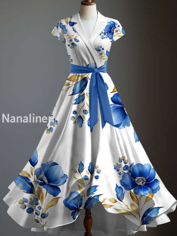 Retro Floral Art Printed Vintage Suit V-Neck Pleated Wrap Waist Short Sleeve Midi Dress A / S
