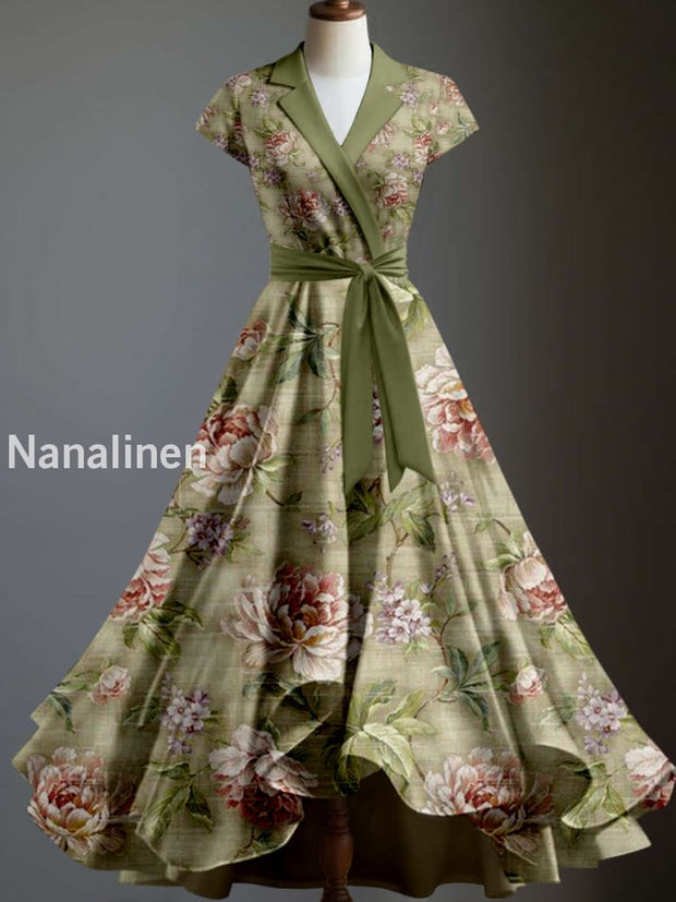 Retro Floral Art Printed Vintage Suit V-Neck Pleated Wrap Waist Short Sleeve Midi Dress A / S