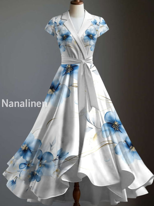 Retro Floral Art Printed Vintage Suit V-Neck Pleated Wrap Waist Short Sleeve Midi Dress A / S