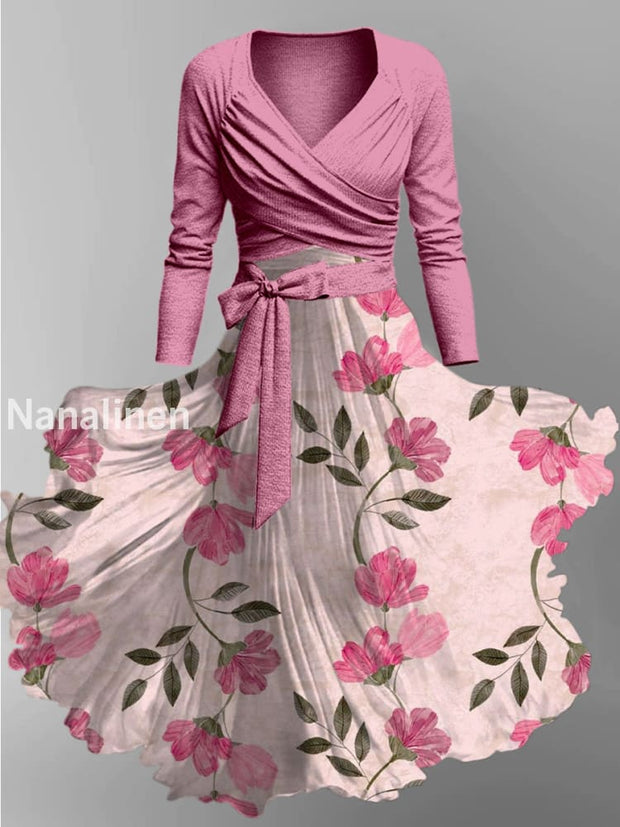 Retro Floral Art Printed Vintage Unique Slim Fit Cross Wrap Long Sleeve Two-Piece Midi Dress A / S