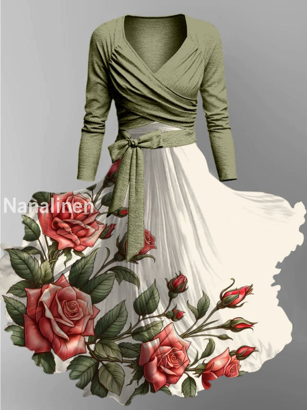 Retro Floral Art Printed Vintage Unique Slim Fit Cross Wrap Long Sleeve Two-Piece Midi Dress A / S