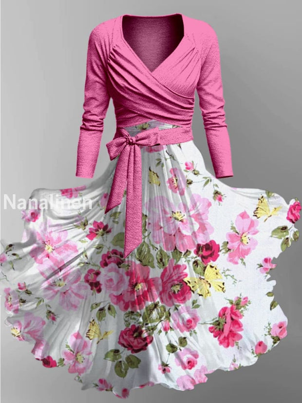 Retro Floral Art Printed Vintage Unique Slim Fit Cross Wrap Long Sleeve Two-Piece Midi Dress A / S
