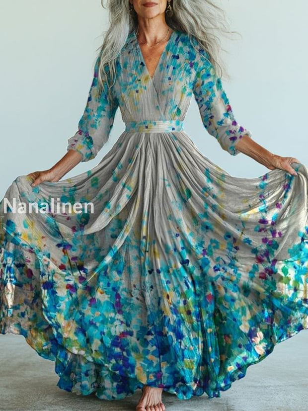 Retro Floral Art Printed Vintage V-Neck Long Sleeves Midi Dress A / S