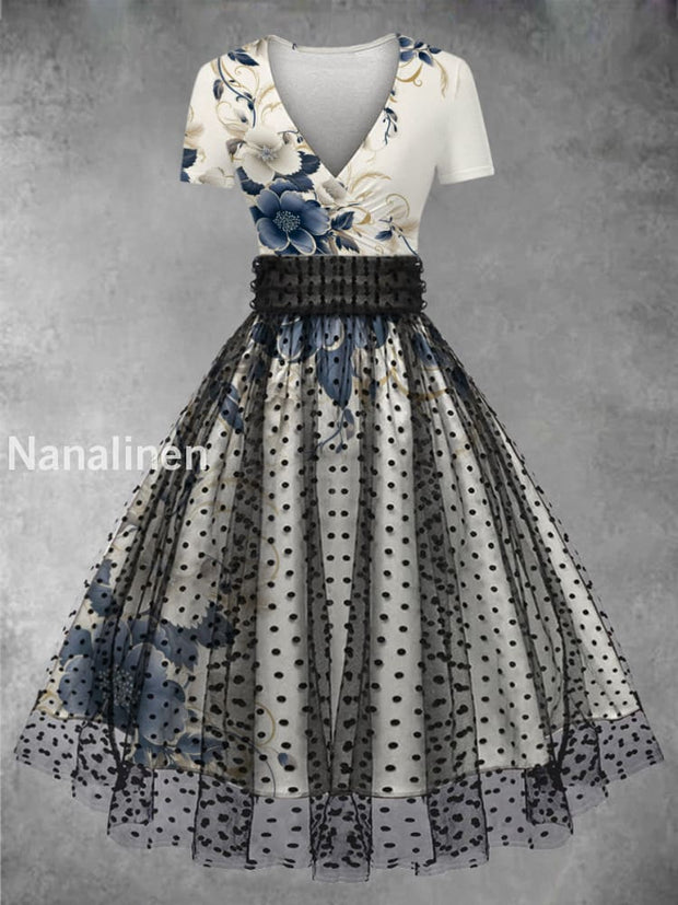 Retro Floral Art Printed Vintage V-Neck Mesh Gauze Short Sleeve Midi Dress A / S