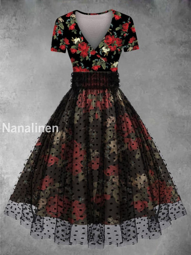Retro Floral Art Printed Vintage V-Neck Mesh Gauze Short Sleeve Midi Dress A / S