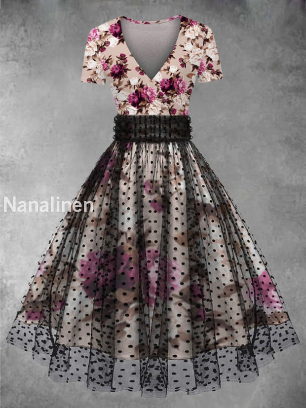 Retro Floral Art Printed Vintage V-Neck Mesh Gauze Short Sleeve Midi Dress A / S