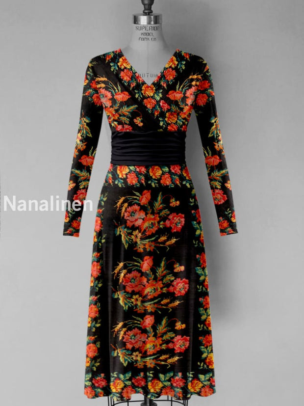 Retro Floral Art Printed Vintage V-Neck Pleated Waist Long Sleeves Midi Dress A / S