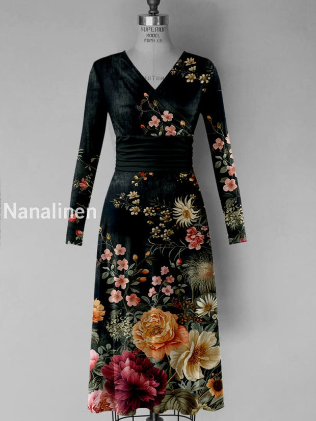 Retro Floral Art Printed Vintage V-Neck Pleated Waist Long Sleeves Midi Dress A / S