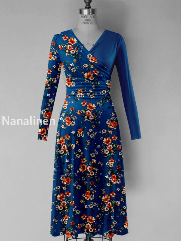 Retro Floral Art Printed Vintage V-Neck Pleated Waist Long Sleeves Midi Dress A / S