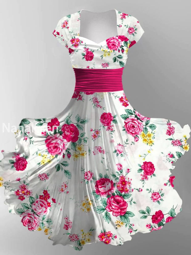 Retro Floral Art Printed Vintage V-Neck Pleated Waist Short Sleeve Midi Dress A / S