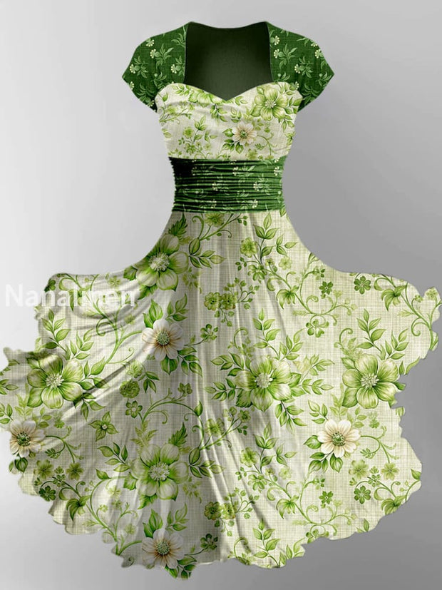 Retro Floral Art Printed Vintage V-Neck Pleated Waist Short Sleeve Midi Dress A / S