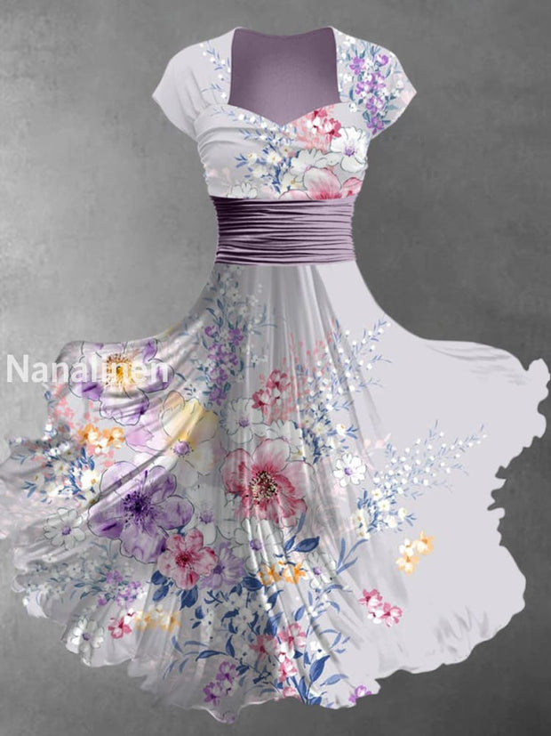 Retro Floral Art Printed Vintage V-Neck Pleated Waist Short Sleeve Midi Dress A / S