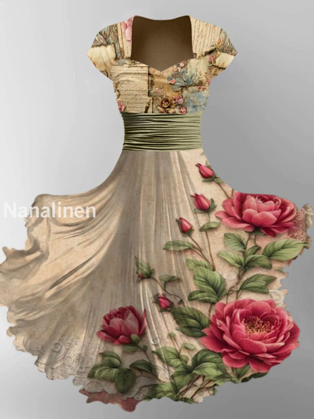 Retro Floral Art Printed Vintage V-Neck Pleated Waist Short Sleeve Midi Dress A / S