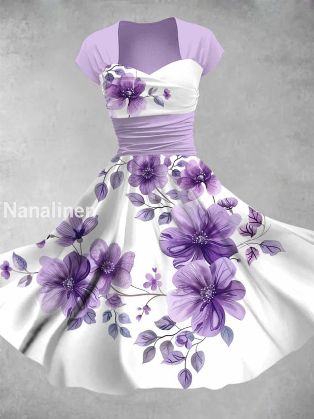 Retro Floral Art Printed Vintage V-Neck Pleated Waist Short Sleeve Midi Dress A / S