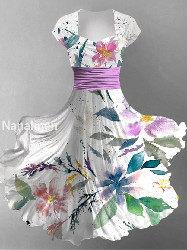 Retro Floral Art Printed Vintage V-Neck Pleated Waist Short Sleeve Midi Dress A / S