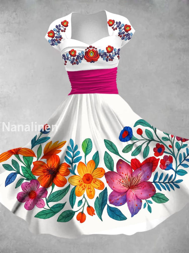 Retro Floral Art Printed Vintage V-Neck Pleated Waist Short Sleeve Midi Dress A / S