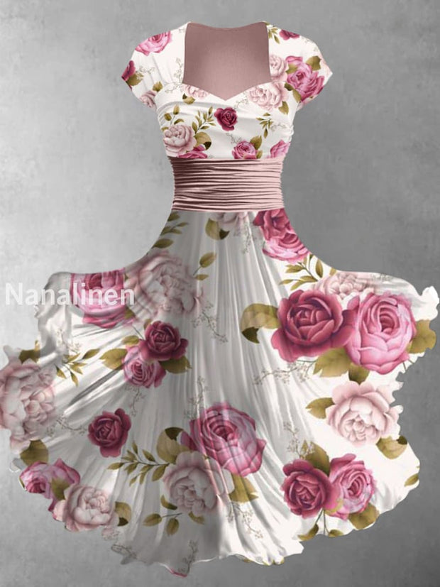 Retro Floral Art Printed Vintage V-Neck Pleated Waist Short Sleeve Midi Dress A / S