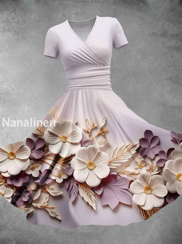 Retro Floral Art Printed Vintage V-Neck Pleated Waist Short Sleeve Midi Dress A / S