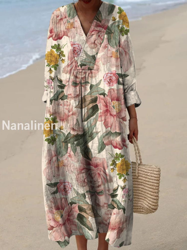 Retro Floral Art Printed Wide Edge V-Neck Vintage Loose Long Sleeves Midi Dress A / S