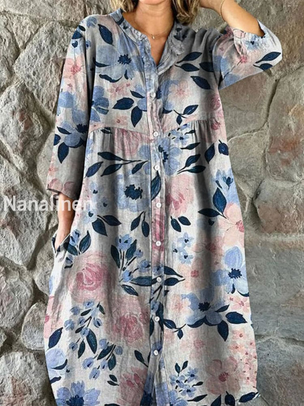 Retro Floral Boho Art Print Vintage Chic V-Neck Button Up Long Sleeve Midi Dress A / S