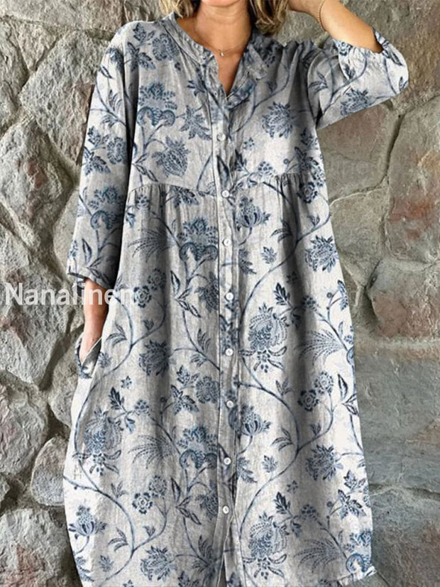 Retro Floral Boho Art Print Vintage Chic V-Neck Button Up Long Sleeve Midi Dress A / S