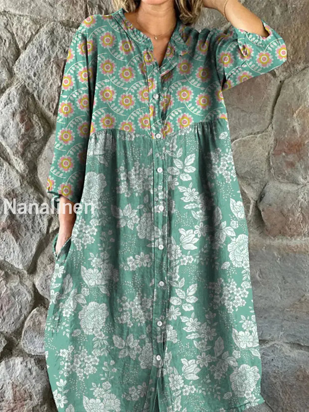 Retro Floral Boho Art Print Vintage Chic V-Neck Button Up Long Sleeve Midi Dress A / S