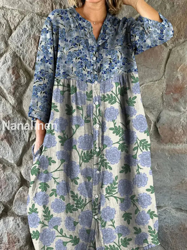 Retro Floral Boho Art Print Vintage Chic V-Neck Button Up Long Sleeve Midi Dress A / S