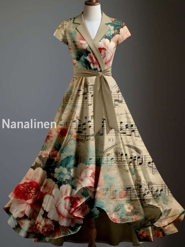 Retro Floral Note Art Printed Vintage Suit V-Neck Pleated Wrap Waist Short Sleeve Midi Dress A / S