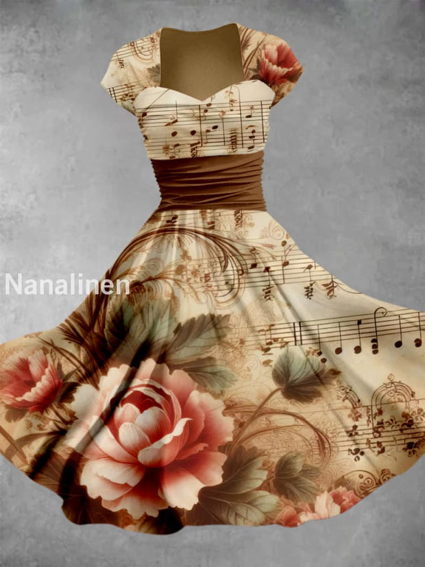 Retro Floral Note Art Printed Vintage V-Neck Pleated Waist Short Sleeve Midi Dress A / S