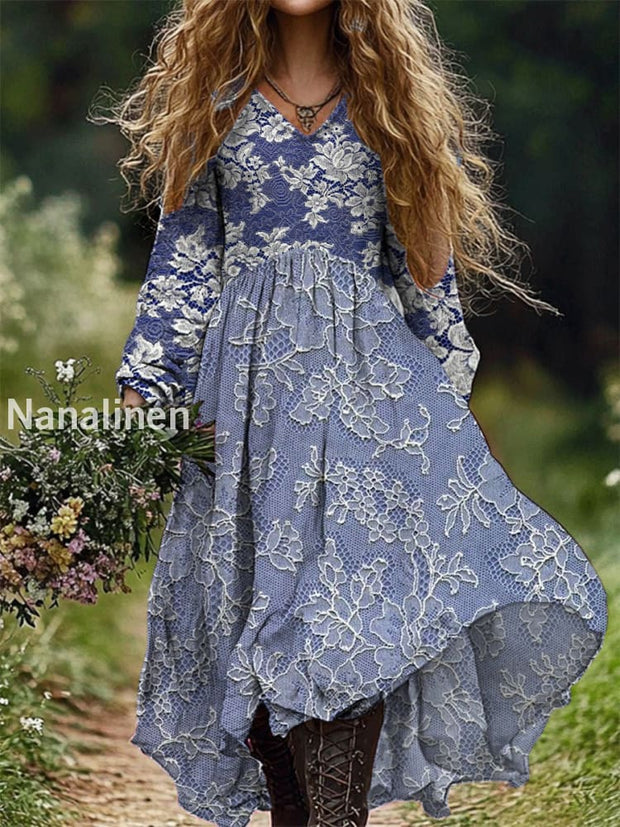 Retro Floral Print V-Neck Elegant Chic Loose Long Sleeve Midi Dress A / S