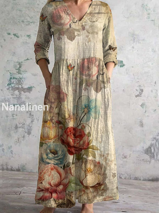 Retro Flower Art Printing Better V -Neck Three -Quarter Sleeve Elegant And Medium -Length Dress A /