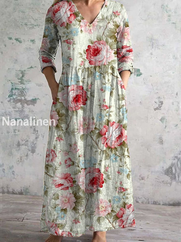 Retro Flower Art Printing Better V -Neck Three -Quarter Sleeve Elegant And Medium -Length Dress A /