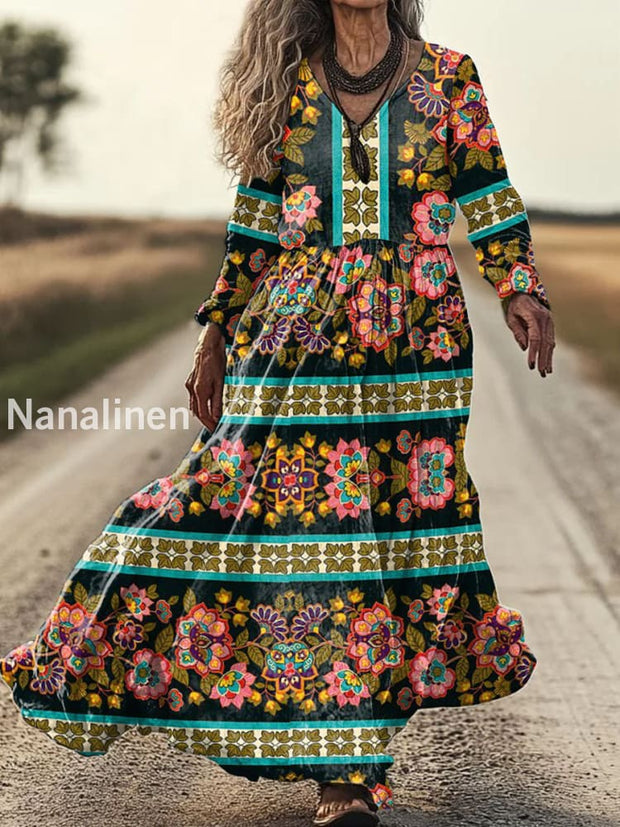 Retro Glam Bohemian Ethnic Graphic Print Midi Dress As picture / S