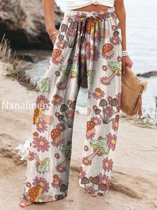 Retro Hippie Art Print Elastic Waist Drawstring Pocket Casual Trousers A / S