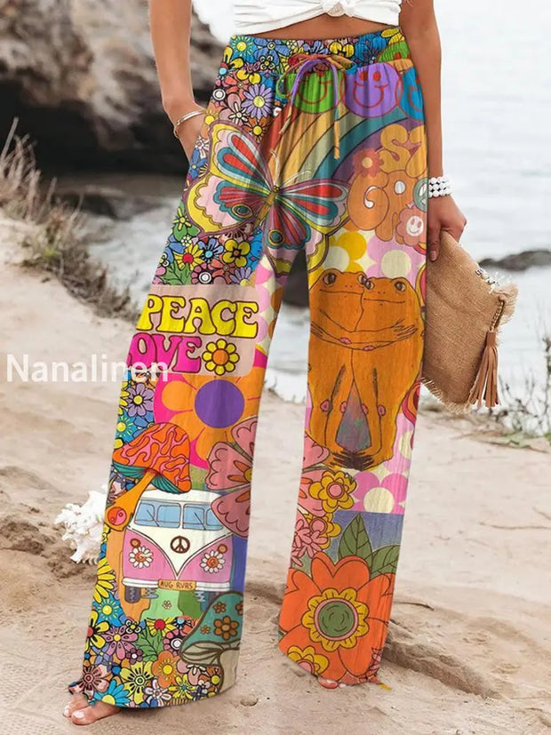 Retro Hippie Art Print Elastic Waist Drawstring Pocket Casual Trousers A / S