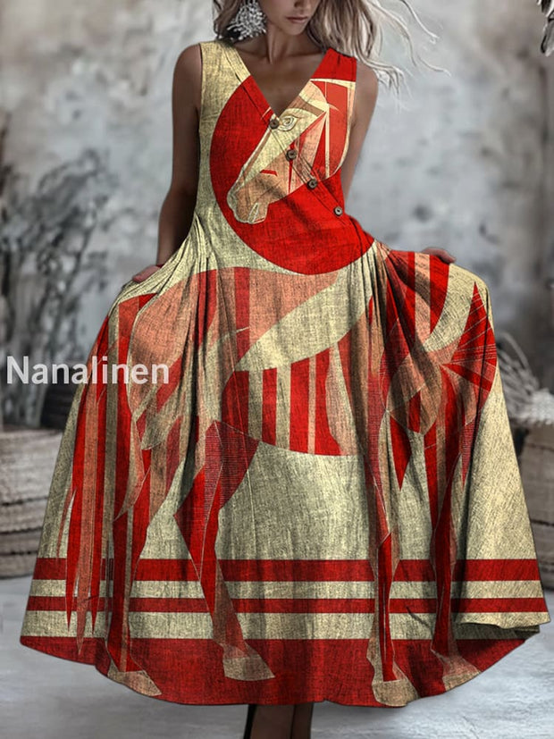 Retro Horse Art Printed V-Neck Button Sleeveless Maxi Dress A / S