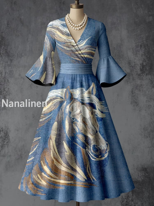 Retro Horse Art Printed V-Neck Vintage Chic Pleated Waist Flare Sleeve Midi Dress A / S
