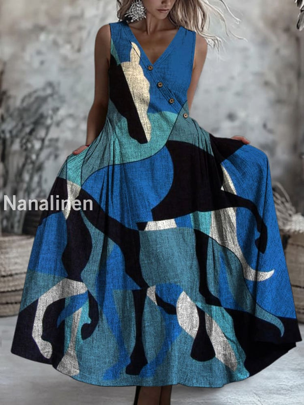 Retro Horse Floral Art Printed V-Neck Button Sleeveless Maxi Dress A / S