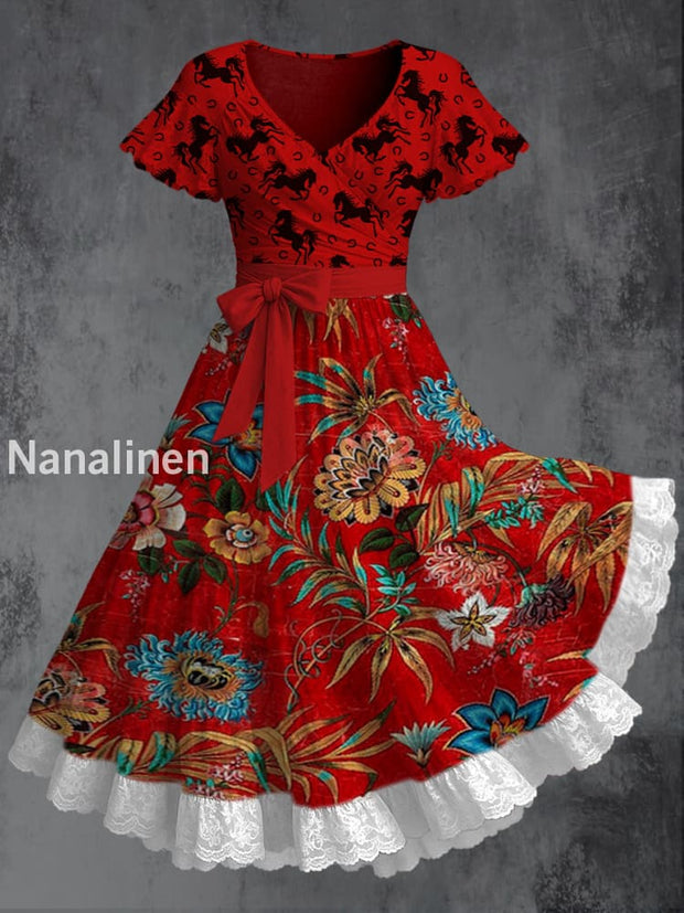 Retro Horse Floral Art Printed V-Neck Vintage Lace Stitching Pleated Waist Short Sleeve Midi Dress A / S