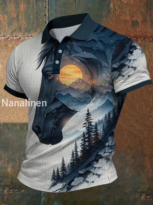 Retro Horse Waffle Texture Pattern Printed Village V-Neck Short Sleeves Shirt A / S