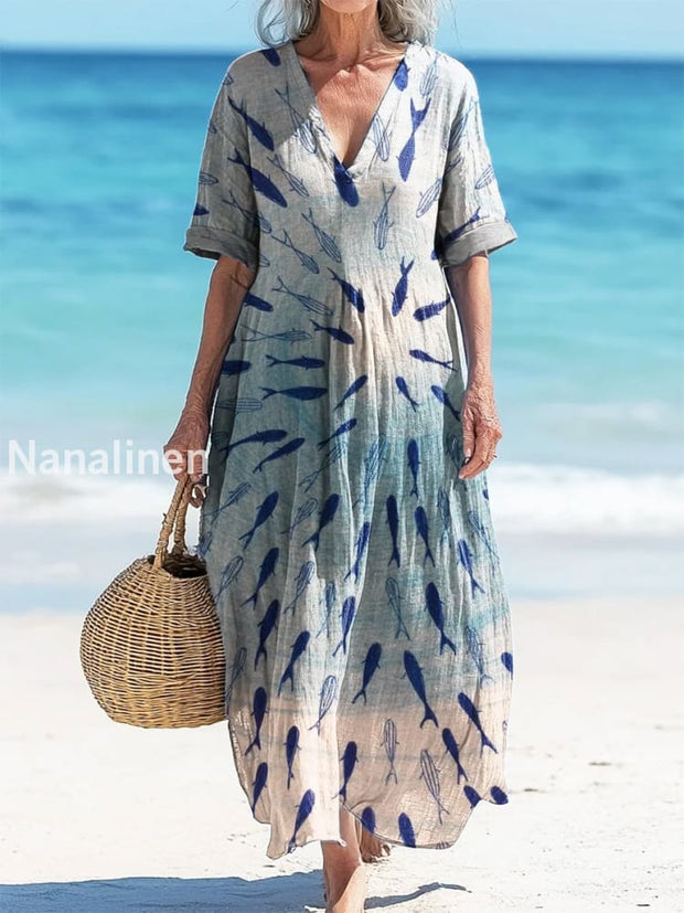 Retro Marine Fish Art Printed V-Neck Vintage Loose Long Sleeves Midi Dress A / S