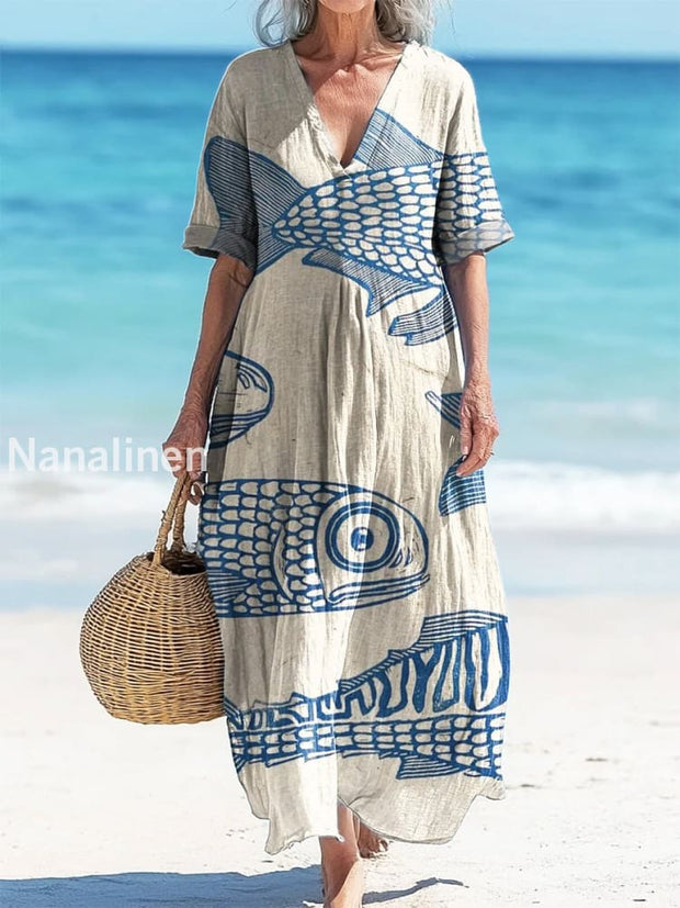 Retro Marine Fish Art Printed V-Neck Vintage Loose Long Sleeves Midi Dress A / S