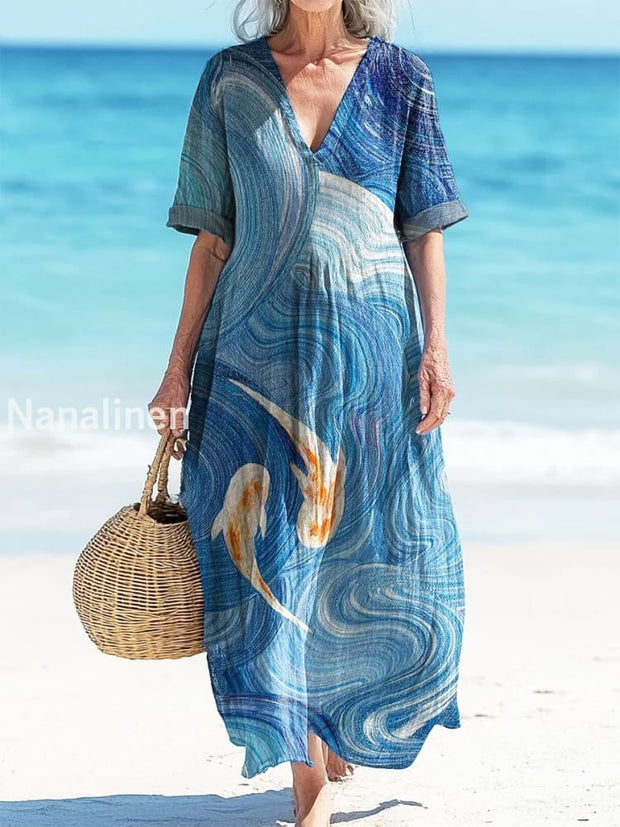 Retro Marine Fish Art Printed V-Neck Vintage Loose Long Sleeves Midi Dress A / S